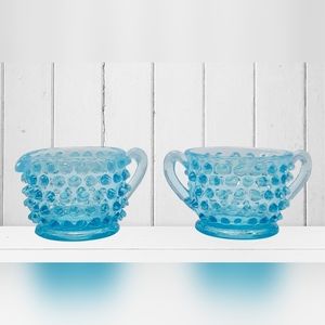 Vintage Fenton Light Blue Turquoise Hobnail Glass Mini Cream and Sugar Set